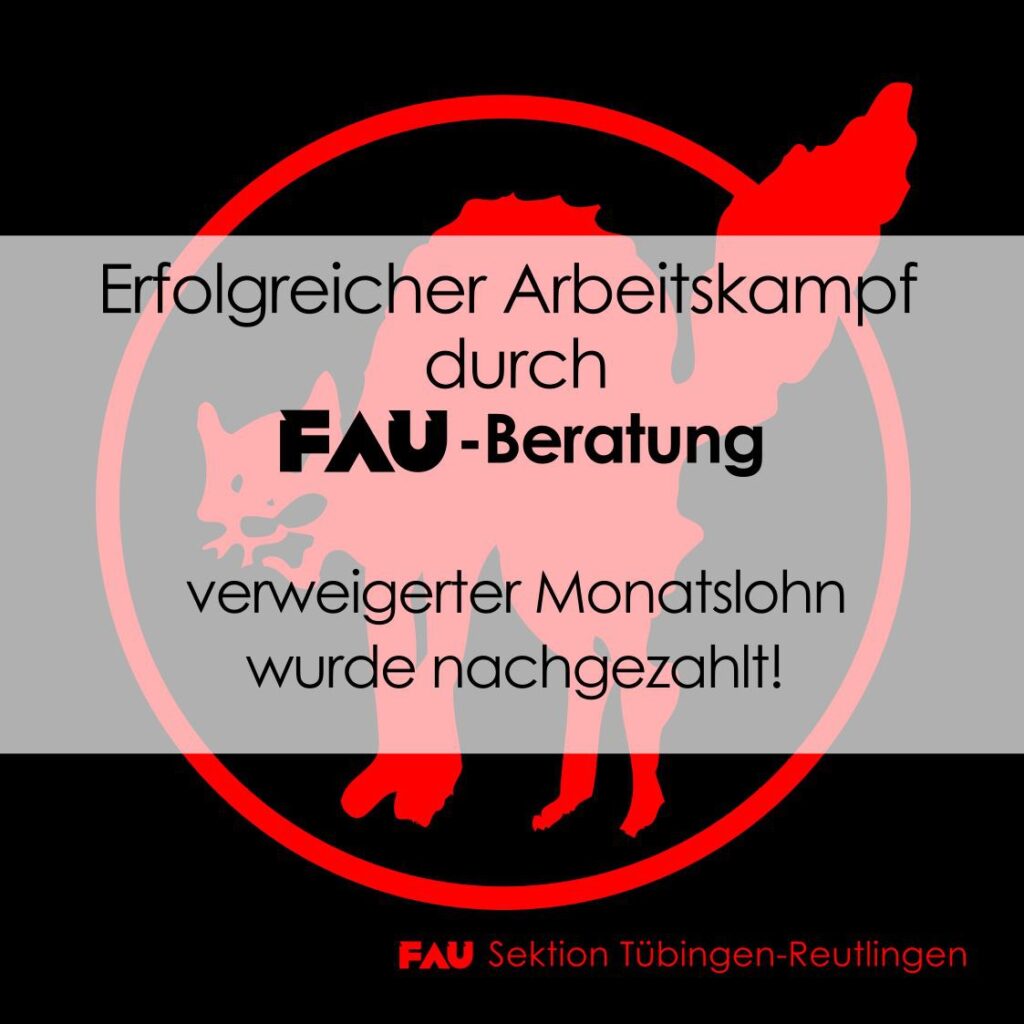 SharePic mit dem Text: Erfolgreicher Arbeitskampf durch FAU Beratung - verweigerter Monatslohn wurde nachbezahlt